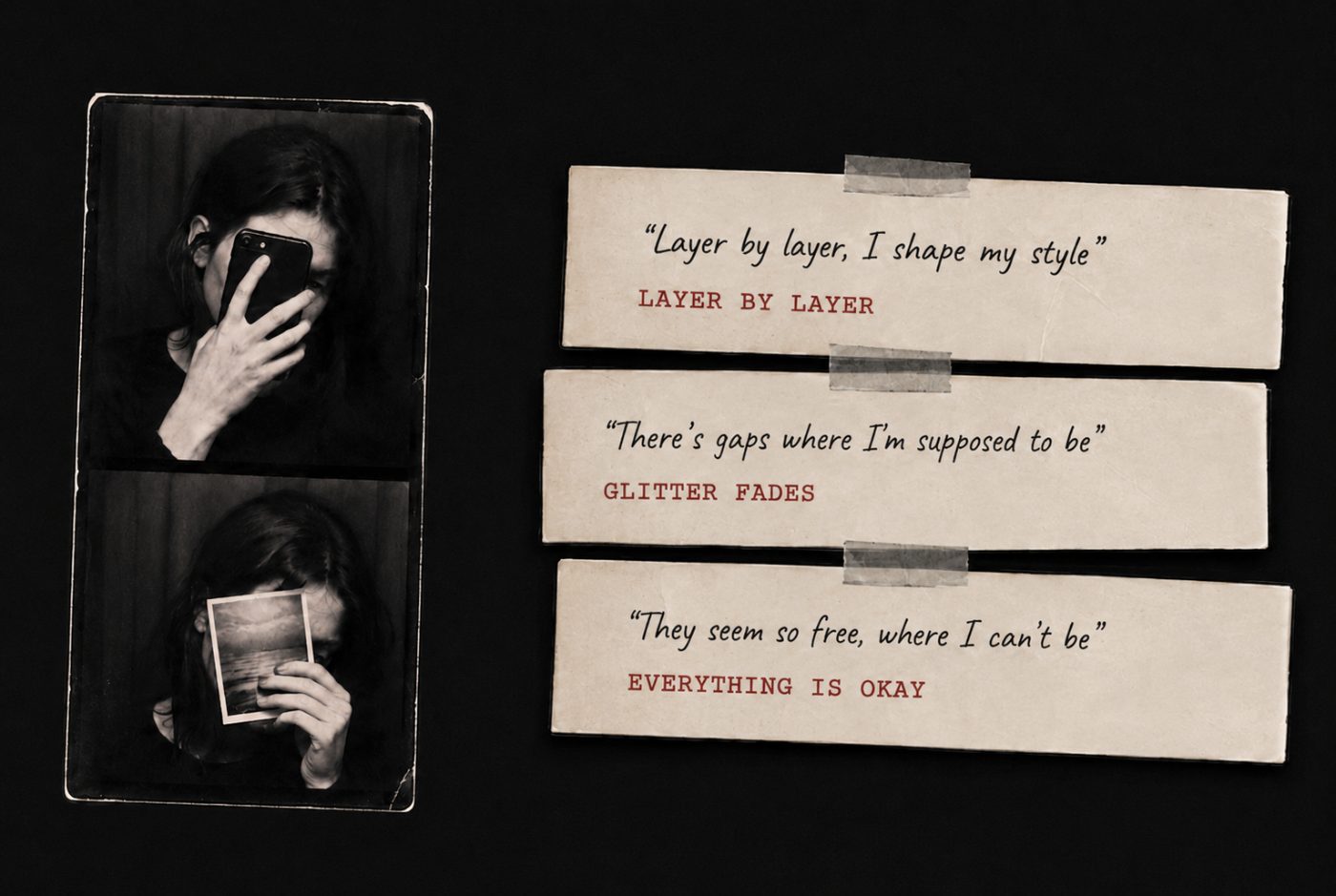 Photobooth strips of Jenny hiding her face, beside taped paper strips of handwritten lyric lines