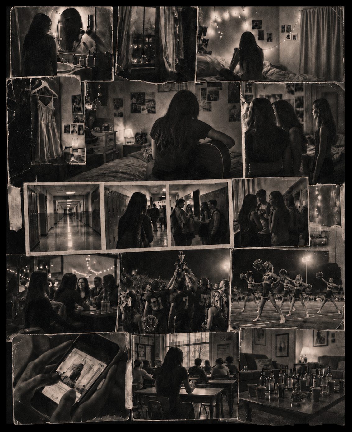 Aged-paper collage of Jenny's world: bedroom, school corridors, lockers, parties, phones, football field