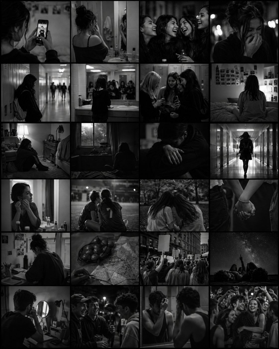 Mosaic of black-and-white moments: girls checking mirrors, phones, corridors, laughter, held hands, a night sky