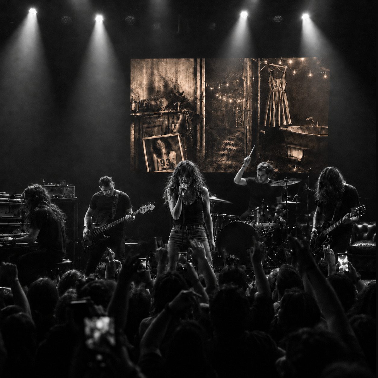 A live concert: singer and band on stage before a crowd, Jenny's bedroom projected behind them