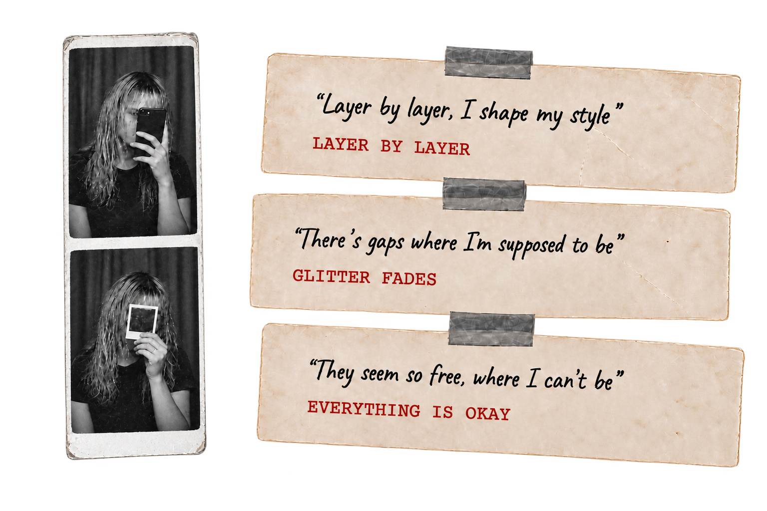 Photobooth strips of Jenny hiding her face, beside taped paper strips of handwritten lyric lines