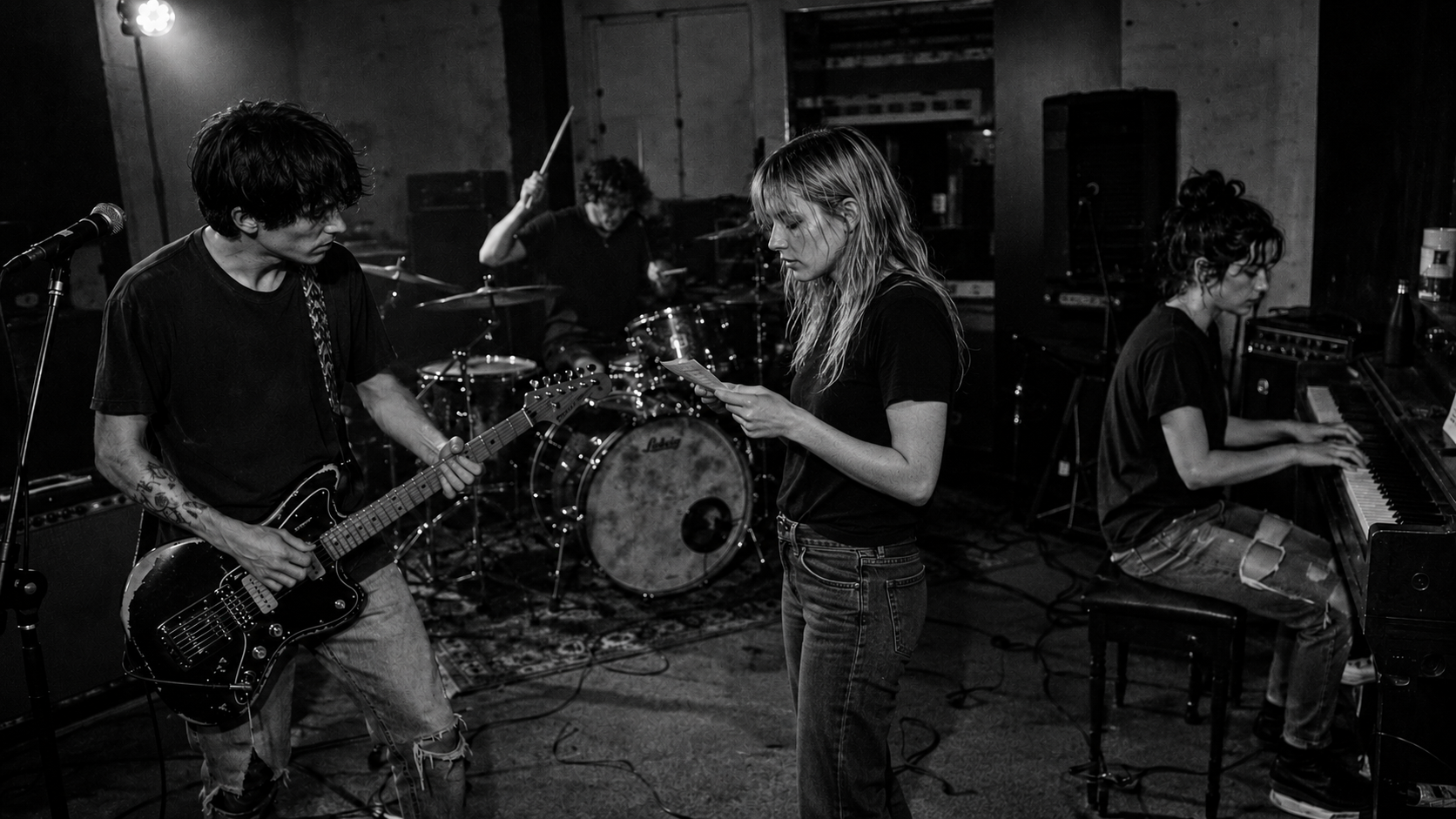 A band rehearsing in low light: guitarist in the foreground, drums and upright piano behind